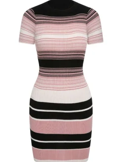 Fashion Retro Stage 1960s Color Block Striped Knit Slim Dress
