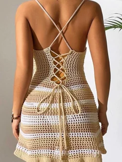 Hot Retro Stage 1960s Colorblock Cutout Tie Back Cover-Up Dress