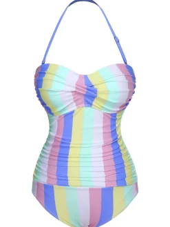 Online Retro Stage 1950s Striped One-Piece Swimsuit Colorful