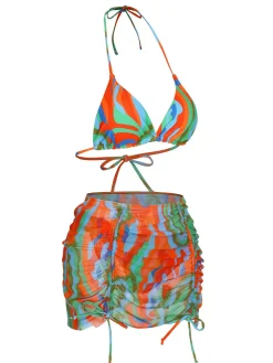 Outlet Retro Stage 1970s Colorful Swimsuit & Drawstring Skirt Cover Up Multicolor