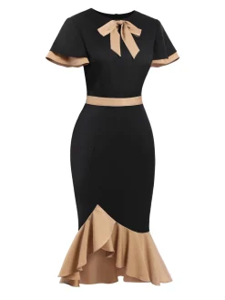 Outlet Retro Stage 1930s Contrast Bow Tie Ruffle Hem Mermaid Dress Black