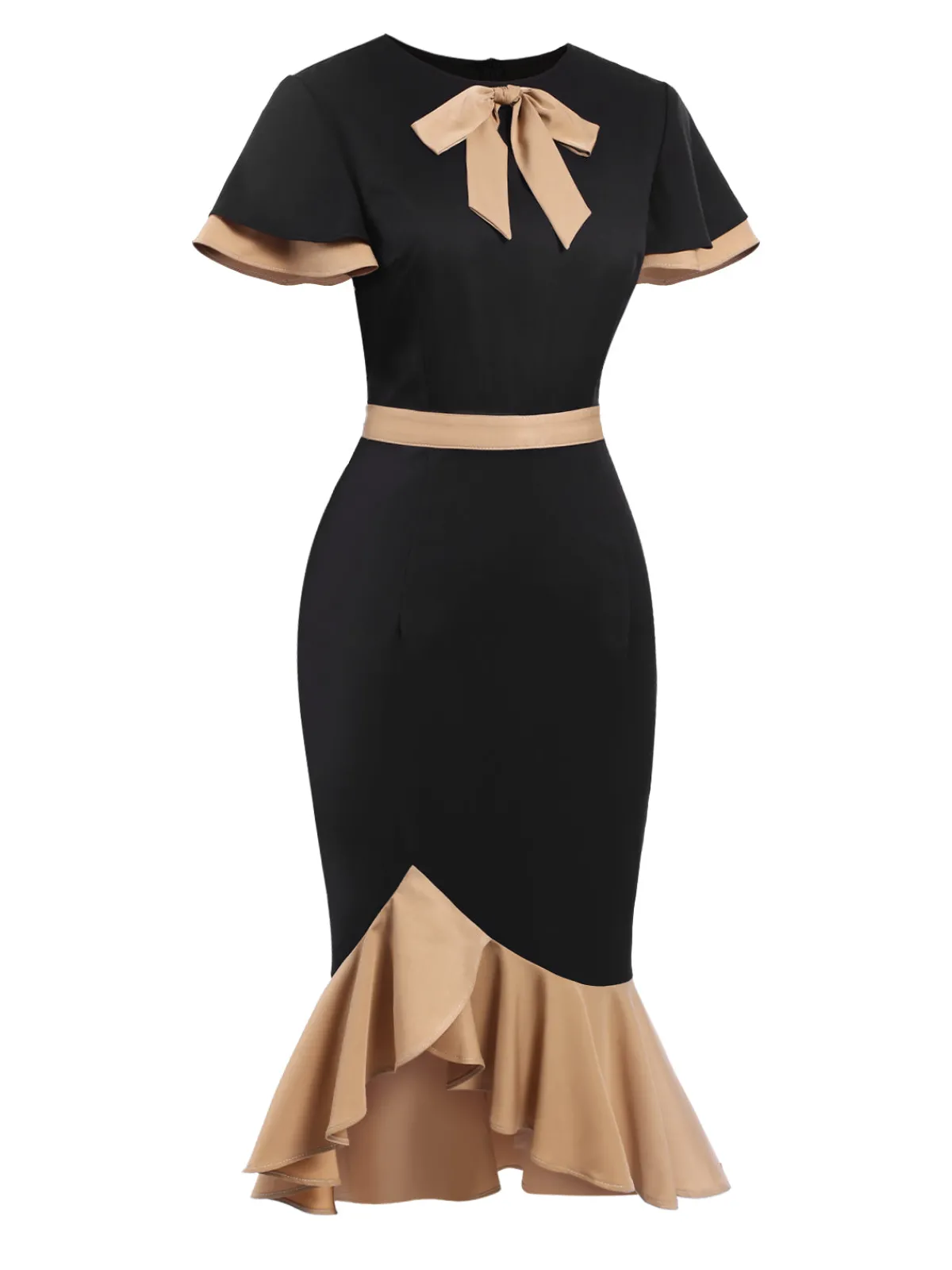Outlet Retro Stage 1930s Contrast Bow Tie Ruffle Hem Mermaid Dress Black