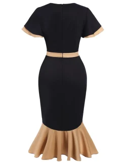 Outlet Retro Stage 1930s Contrast Bow Tie Ruffle Hem Mermaid Dress Black