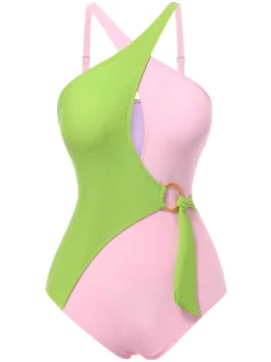 Hot Retro Stage 1980s Contrast Cross Strap Ring-Tie One-Piece Swimsuit