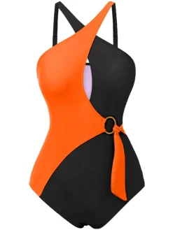 Hot Retro Stage 1980s Contrast Cross Strap Ring-Tie One-Piece Swimsuit