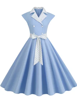 Sale Retro Stage 1950s Contrast Polka Dots Bowknot Belted Dress