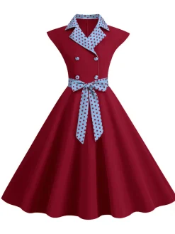 Sale Retro Stage 1950s Contrast Polka Dots Bowknot Belted Dress