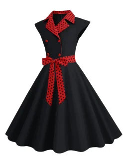 Sale Retro Stage 1950s Contrast Polka Dots Bowknot Belted Dress