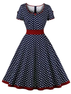Outlet Retro Stage 1950s Contrast Polka Dots Buttoned Dress