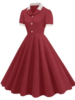 Outlet Retro Stage 1950s Contrast Short Sleeve Lapel Dress