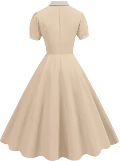 Outlet Retro Stage 1950s Contrast Short Sleeve Lapel Dress