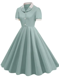 Outlet Retro Stage 1950s Contrast Short Sleeve Lapel Dress
