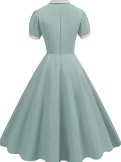 Outlet Retro Stage 1950s Contrast Short Sleeve Lapel Dress