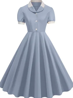 Outlet Retro Stage 1950s Contrast Short Sleeve Lapel Dress