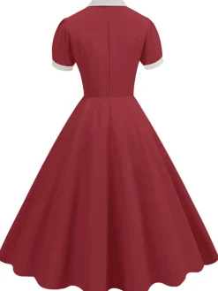 Outlet Retro Stage 1950s Contrast Short Sleeve Lapel Dress
