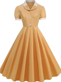 Outlet Retro Stage 1950s Contrast Short Sleeve Lapel Dress