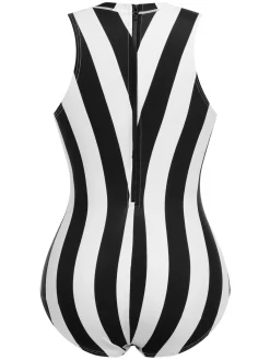 Fashion Retro Stage 1950s Contrast Stripes Triangle One-Piece Swimsuit Black & White