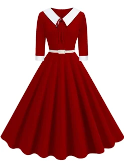 Clearance Retro Stage 1950s Contrast Tie Neck Belted Lapel Dress