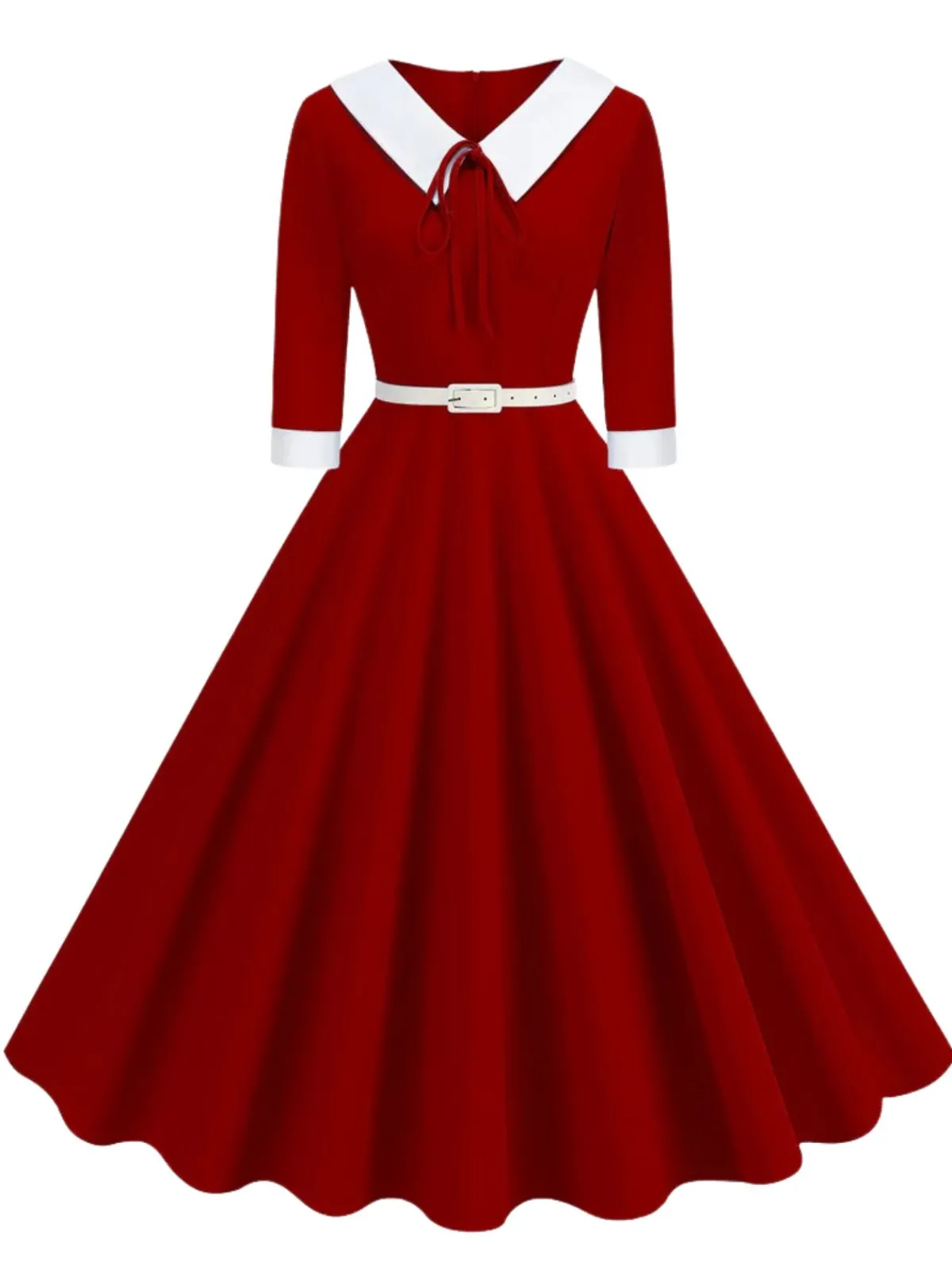 Clearance Retro Stage 1950s Contrast Tie Neck Belted Lapel Dress
