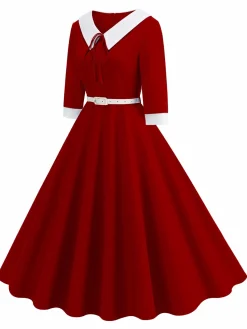 Clearance Retro Stage 1950s Contrast Tie Neck Belted Lapel Dress