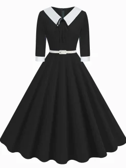 Clearance Retro Stage 1950s Contrast Tie Neck Belted Lapel Dress