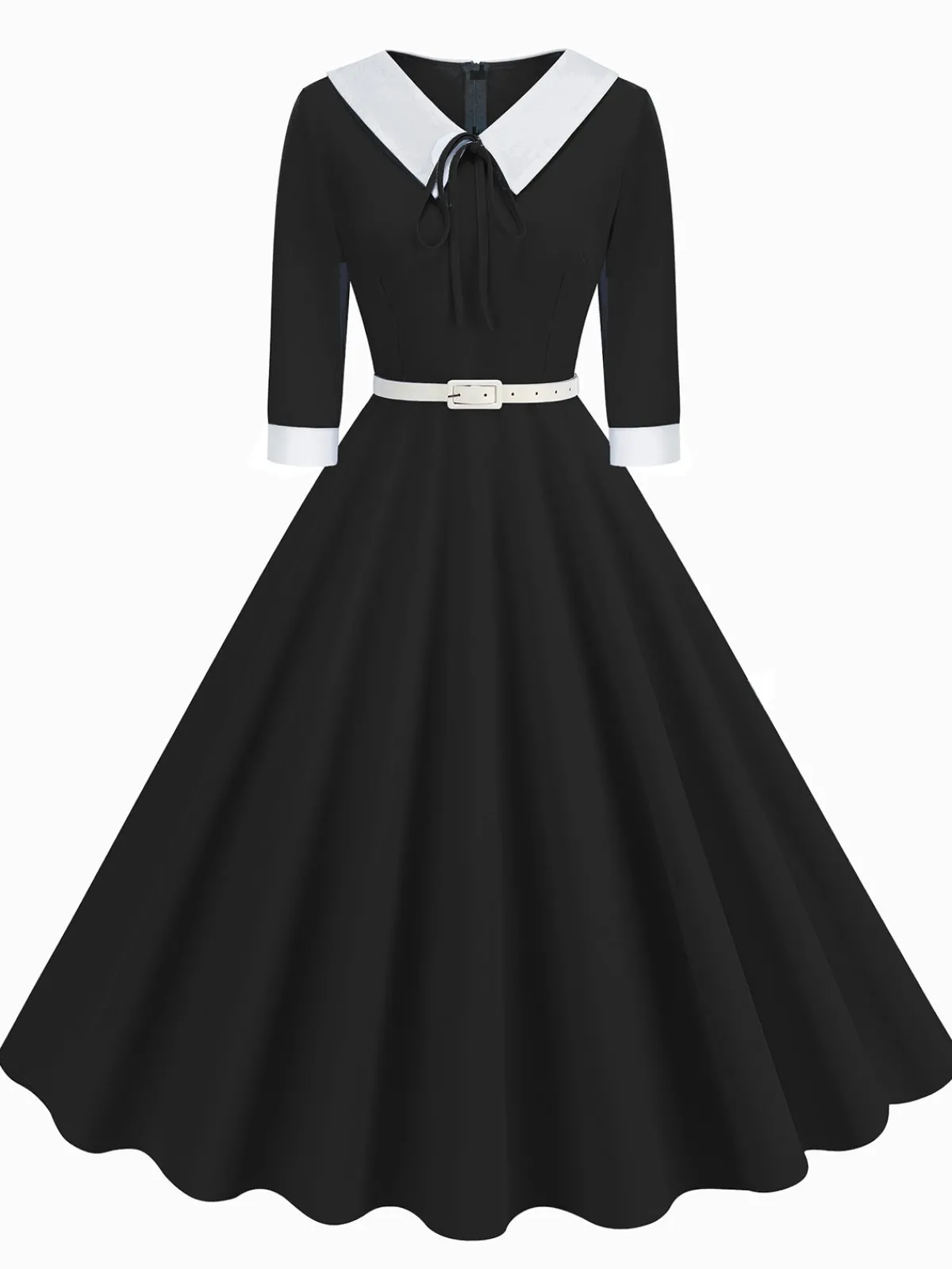 Clearance Retro Stage 1950s Contrast Tie Neck Belted Lapel Dress