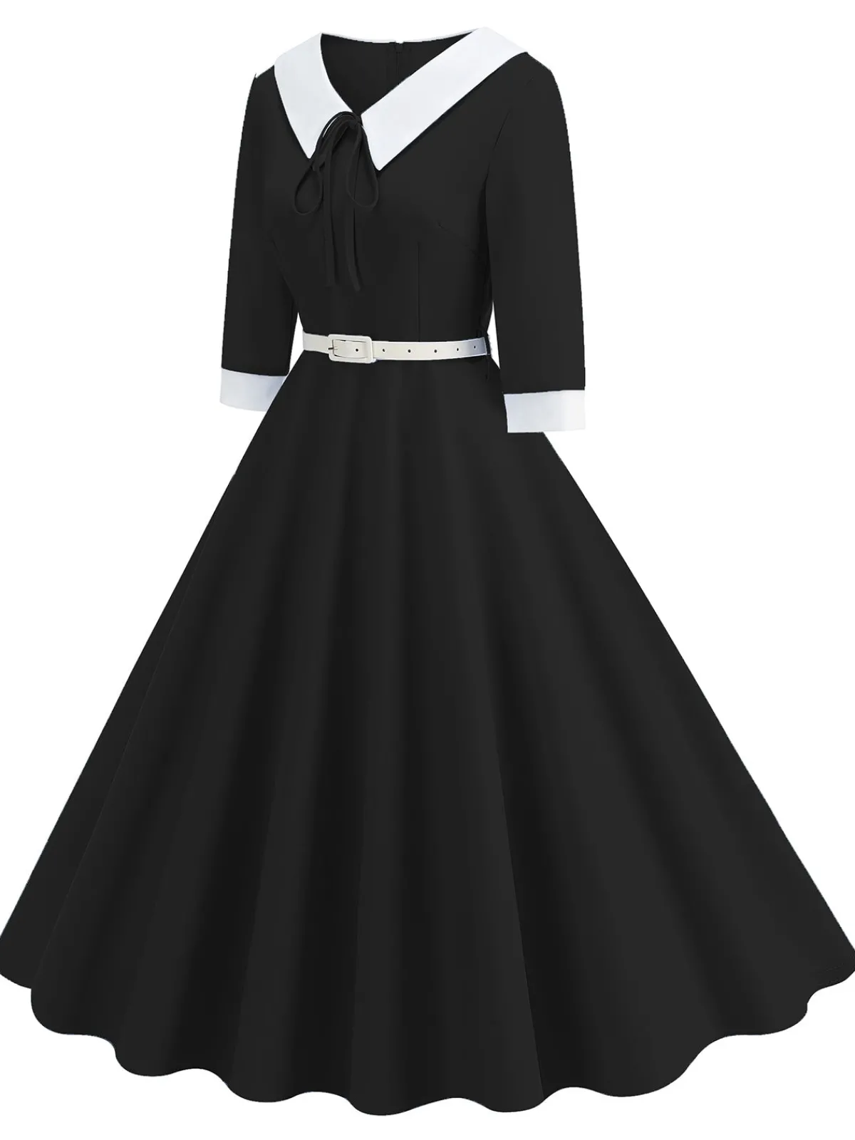Clearance Retro Stage 1950s Contrast Tie Neck Belted Lapel Dress
