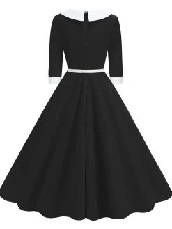 Clearance Retro Stage 1950s Contrast Tie Neck Belted Lapel Dress