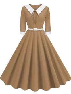 Clearance Retro Stage 1950s Contrast Tie Neck Belted Lapel Dress