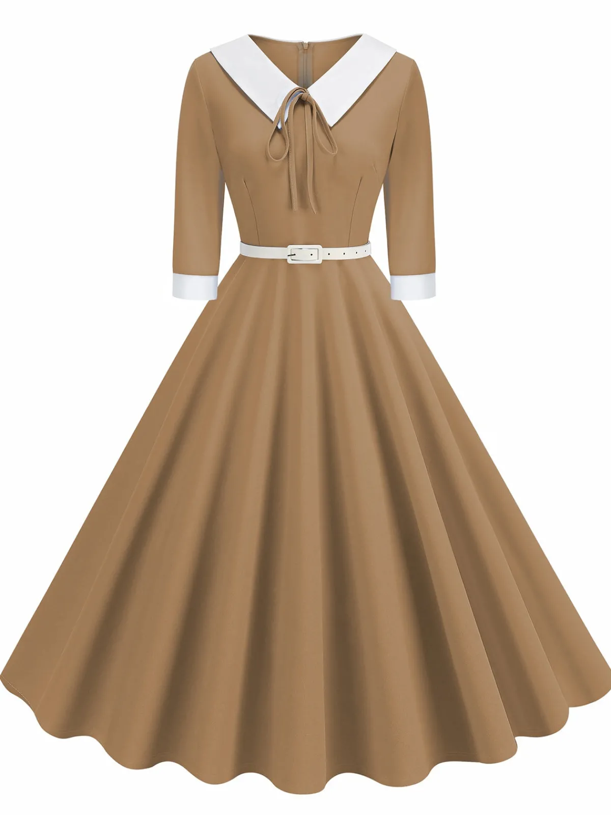 Clearance Retro Stage 1950s Contrast Tie Neck Belted Lapel Dress