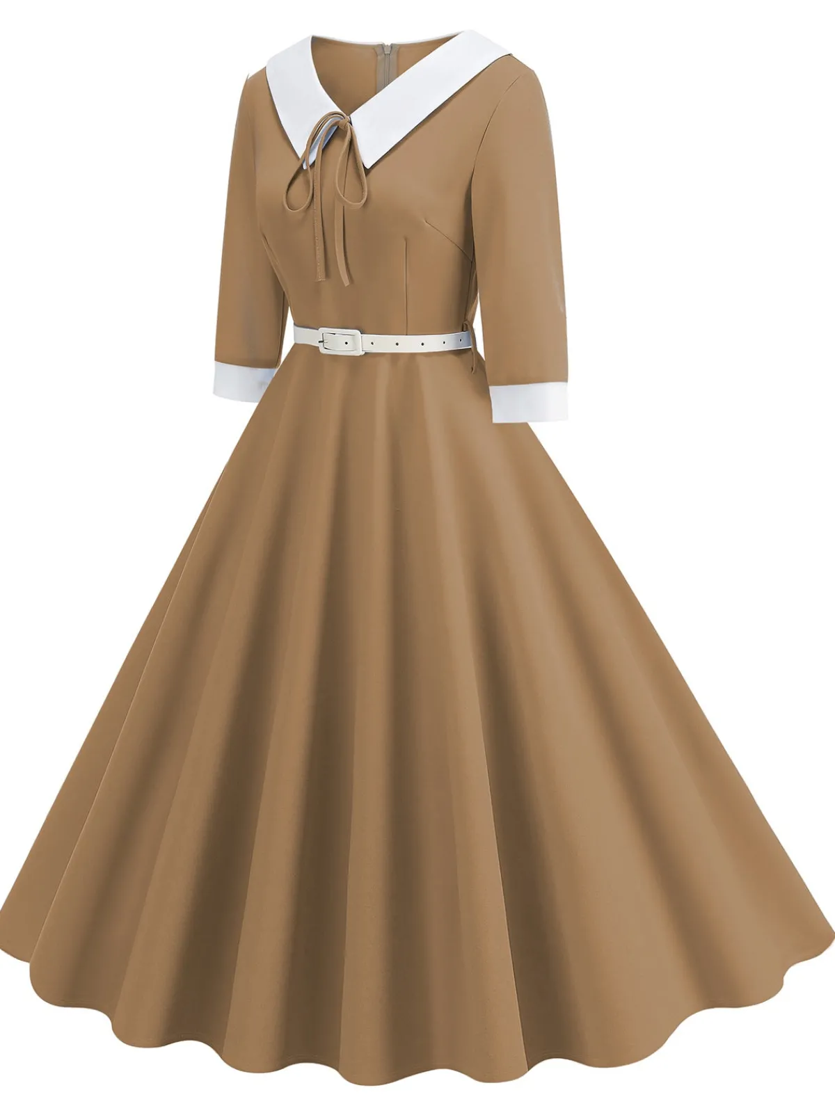 Clearance Retro Stage 1950s Contrast Tie Neck Belted Lapel Dress