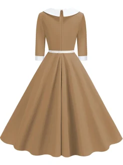 Clearance Retro Stage 1950s Contrast Tie Neck Belted Lapel Dress