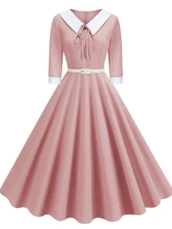 Clearance Retro Stage 1950s Contrast Tie Neck Belted Lapel Dress