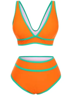 Outlet Retro Stage 1950s Contrast Trim High Waist Bikini Set