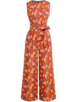 Fashion Retro Stage 1950s Cotton Sleeveless All-Over Floral Belted Jumpsuit
