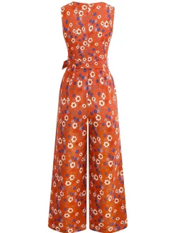 Fashion Retro Stage 1950s Cotton Sleeveless All-Over Floral Belted Jumpsuit