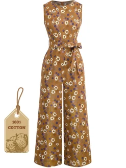 Fashion Retro Stage 1950s Cotton Sleeveless All-Over Floral Belted Jumpsuit