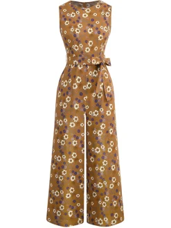 Fashion Retro Stage 1950s Cotton Sleeveless All-Over Floral Belted Jumpsuit