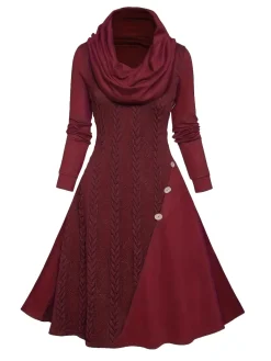 Sale Retro Stage 1950s Cowl Neck Knit Patchwork Swing Dress