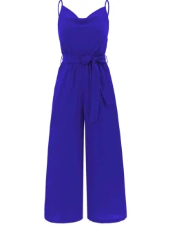 Hot Retro Stage 1930s Cowl Neck Spaghetti Strap Solid Belted Jumpsuit