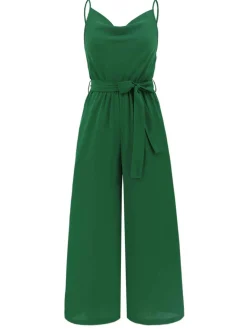 Hot Retro Stage 1930s Cowl Neck Spaghetti Strap Solid Belted Jumpsuit
