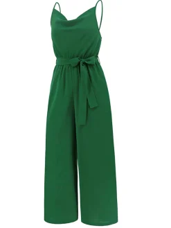 Hot Retro Stage 1930s Cowl Neck Spaghetti Strap Solid Belted Jumpsuit