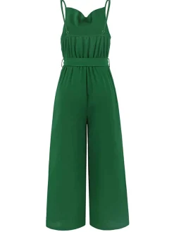 Hot Retro Stage 1930s Cowl Neck Spaghetti Strap Solid Belted Jumpsuit