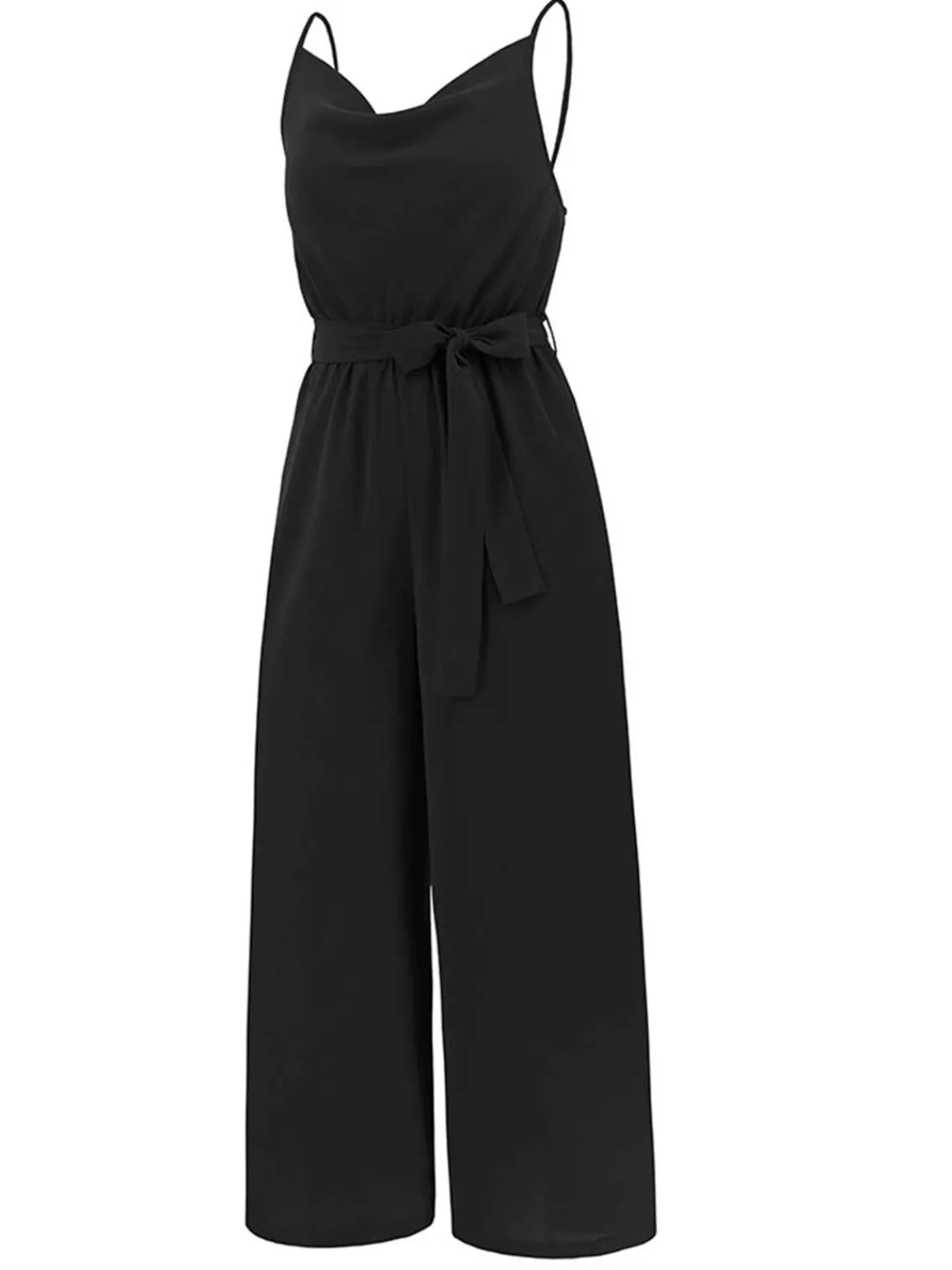 Hot Retro Stage 1930s Cowl Neck Spaghetti Strap Solid Belted Jumpsuit