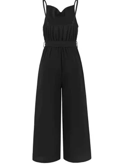 Hot Retro Stage 1930s Cowl Neck Spaghetti Strap Solid Belted Jumpsuit