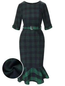 Discount Retro Stage 1930s Crew Neck Tartan Plaid Belted Mermaid Dress Green