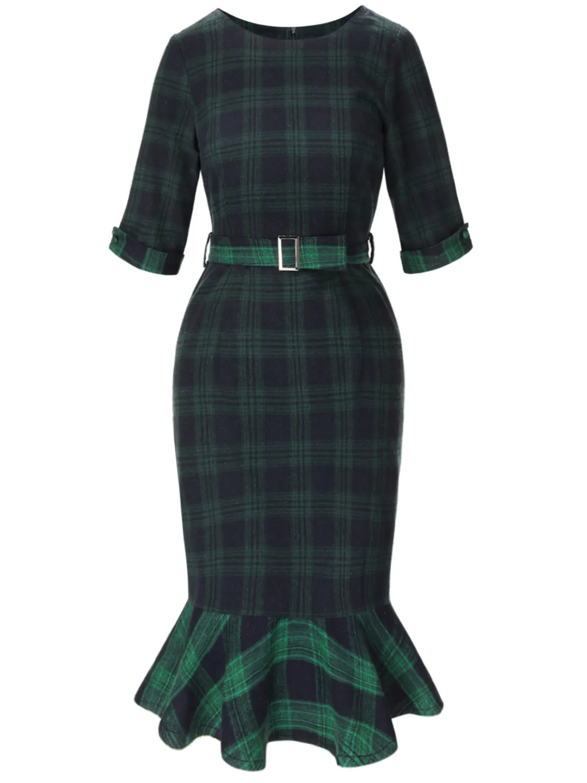 Discount Retro Stage 1930s Crew Neck Tartan Plaid Belted Mermaid Dress Green