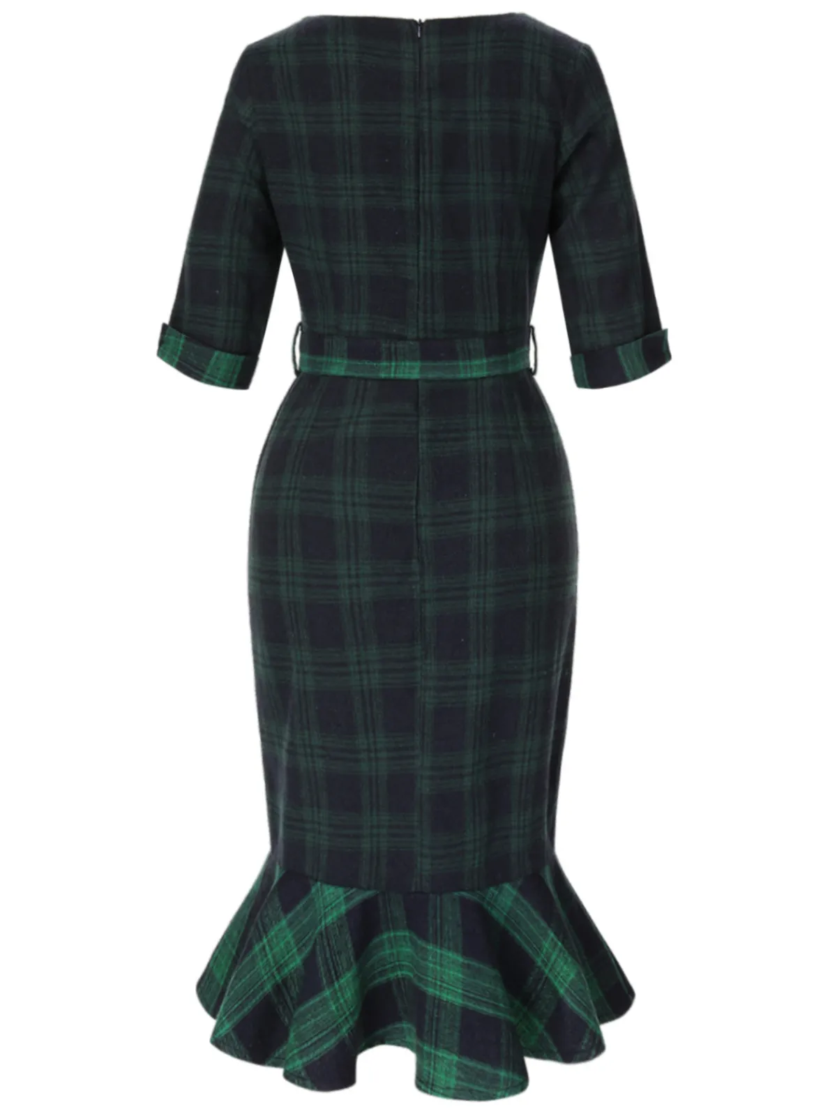 Discount Retro Stage 1930s Crew Neck Tartan Plaid Belted Mermaid Dress Green