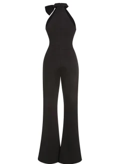 Outlet Retro Stage 1960s Crewl Halter Bow Solid Jumpsuit
