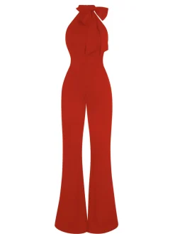 Outlet Retro Stage 1960s Crewl Halter Bow Solid Jumpsuit